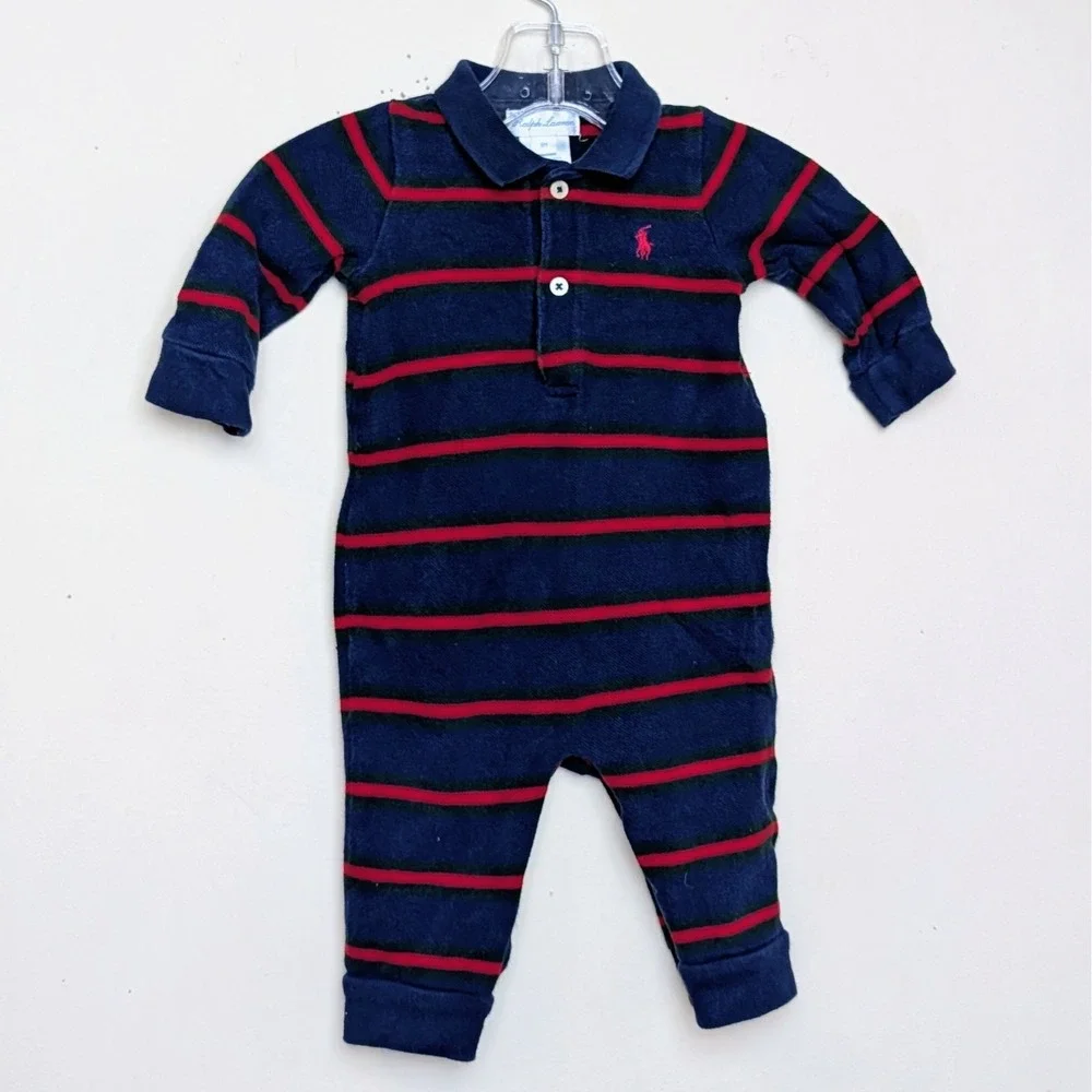 Polo Ralph Lauren Coverall Red Blue Stripe Rugby‎ One Piece Long Sleeve 6 Months
